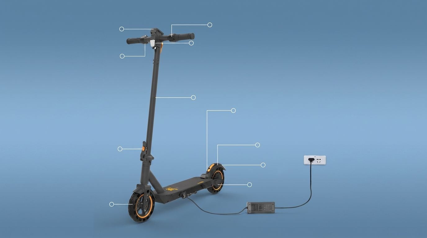 Kukirin S1 Max — pormenor técnico com ligação ao carregador