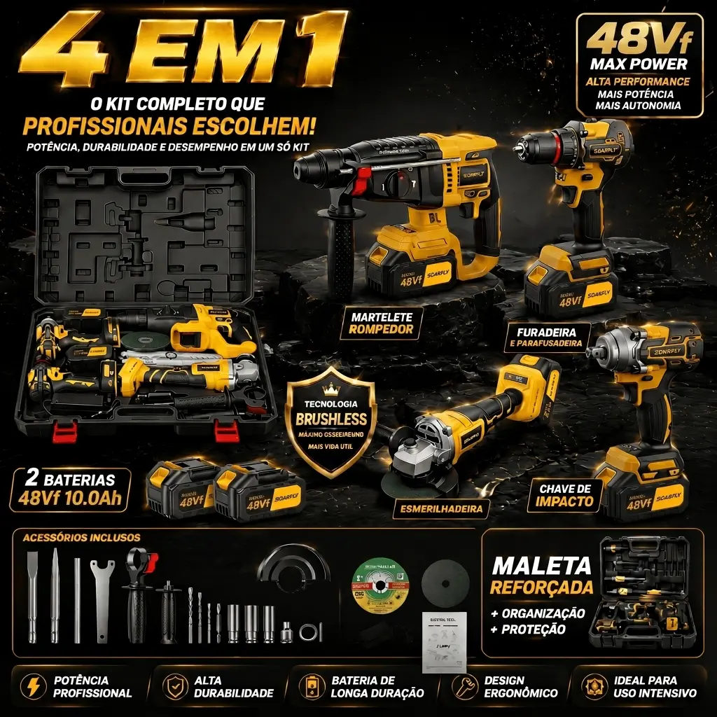 [SOARFLY] Kit de Ferramentas 4 em 1 48Vf | Bateria de Lítio Sem Fio | Martelo Perfurador + Rebarbadora + Berbequim + Chave de Impacto
